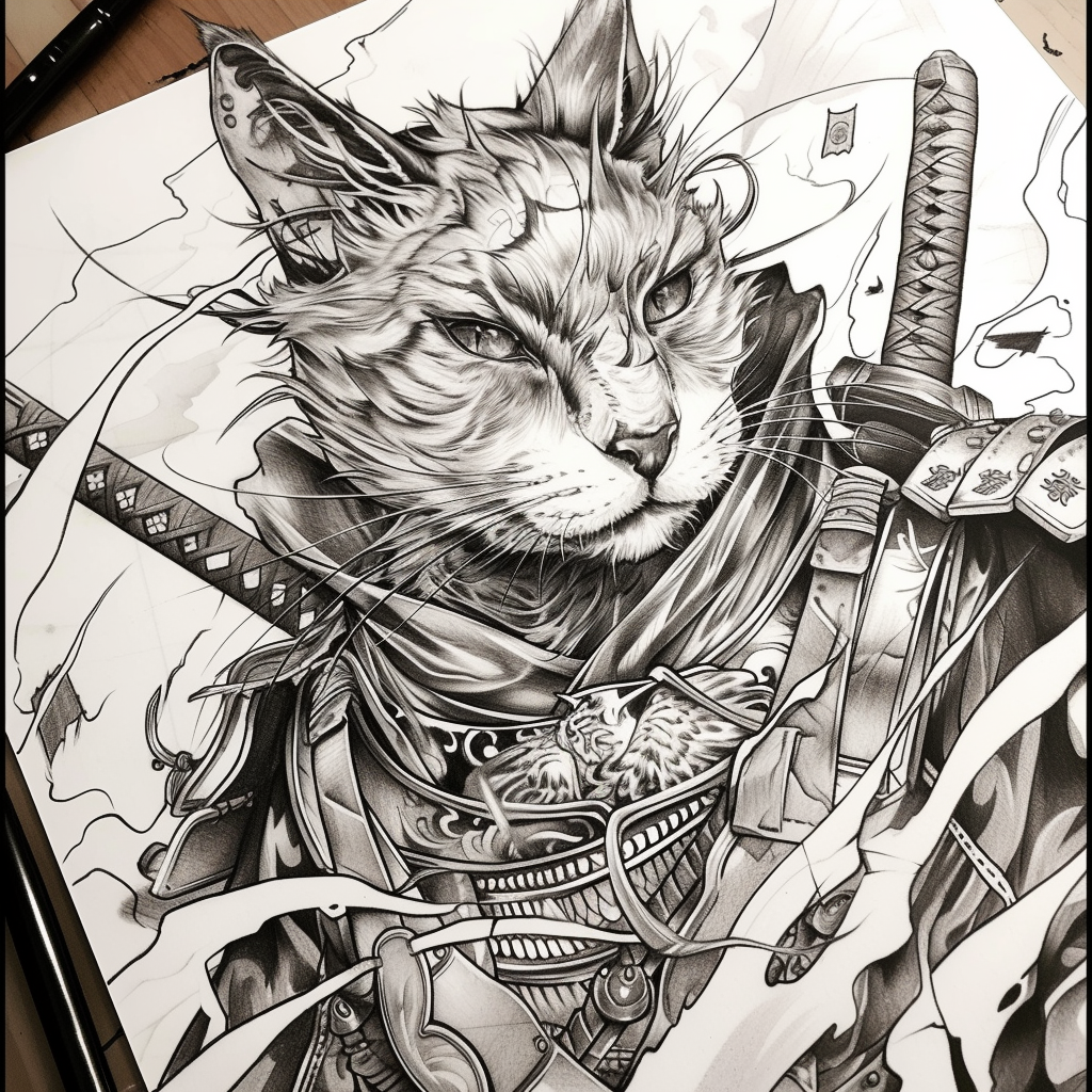 Black and white cat samurai tattoo sketch