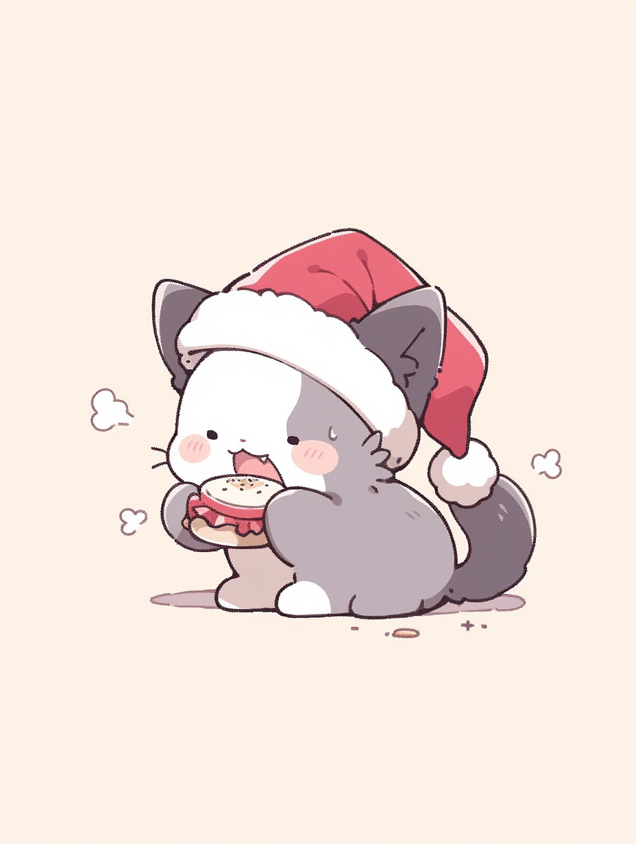 Adorable Cat with Santa Hat eating cookie