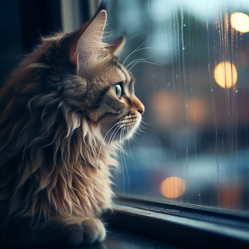 Cat sitting by the window watching rain