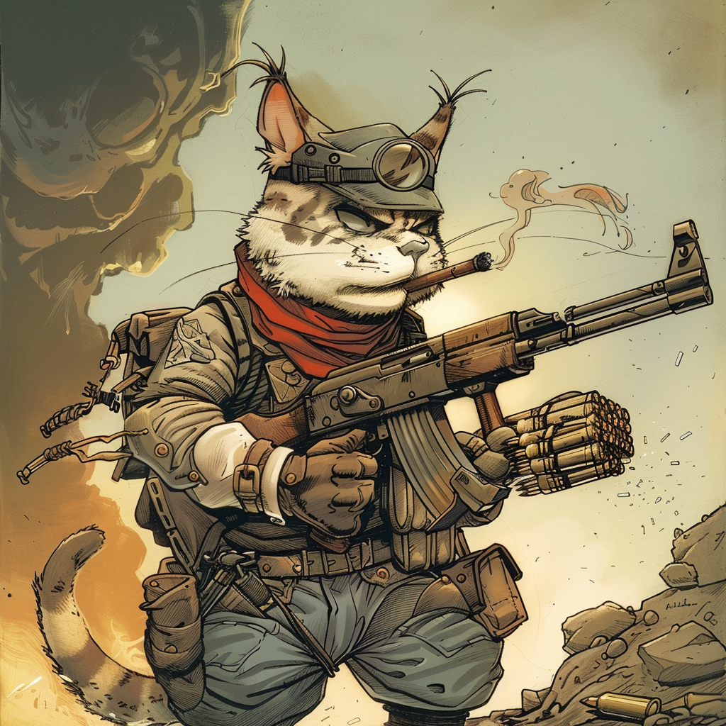 Cartoon cat soldier with machine gun