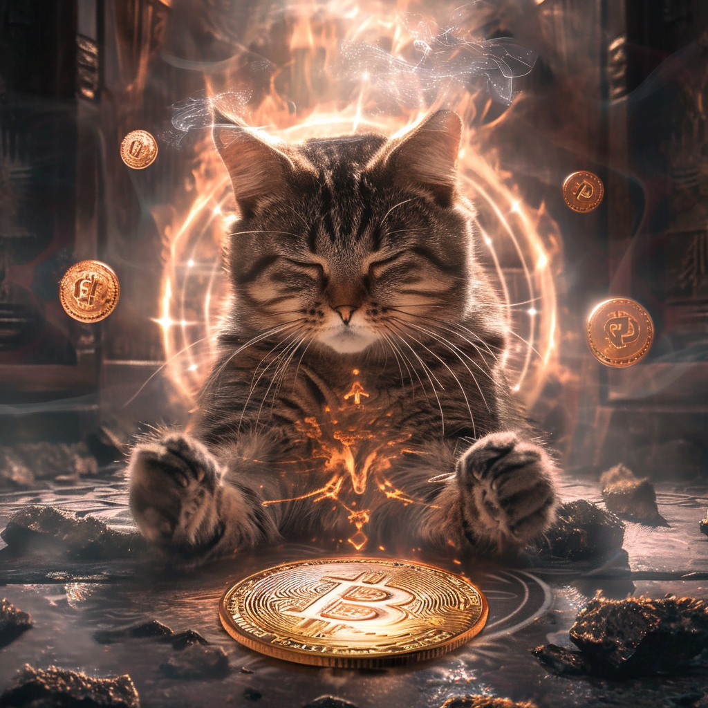 Cat summoning life with paws and Bitcoin