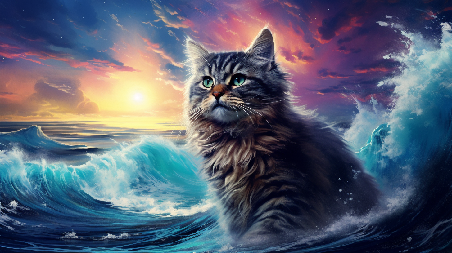 Cat swimming in majestic seas with starry sky, rainbow, moon