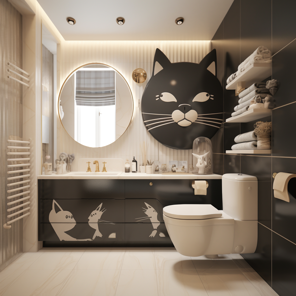 Cat-themed bathroom design with cabinets, tile, and walls