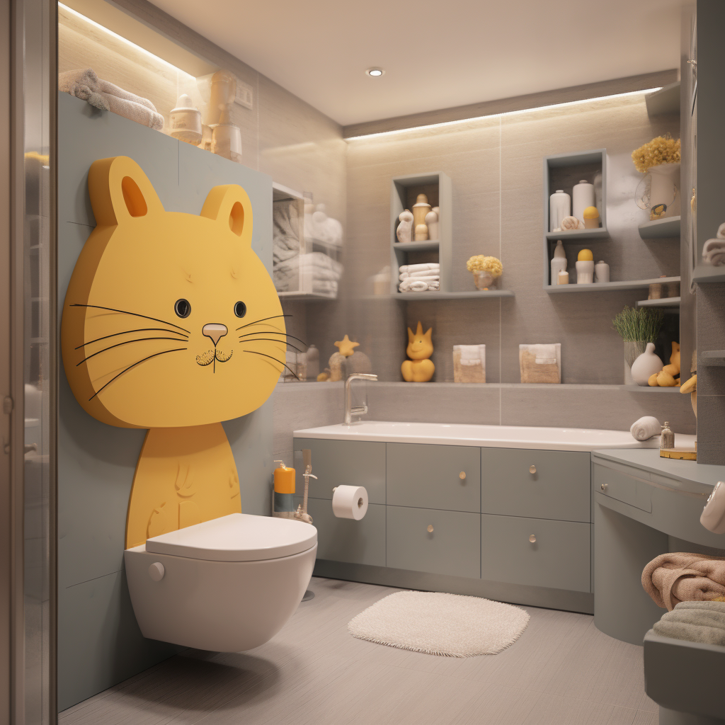 Cat-themed bathroom design with cabinets