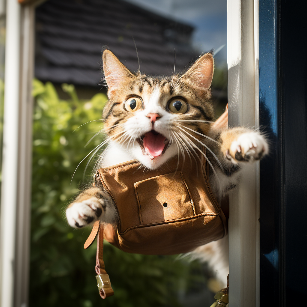 Cat thief with bag of treasure jumping from window