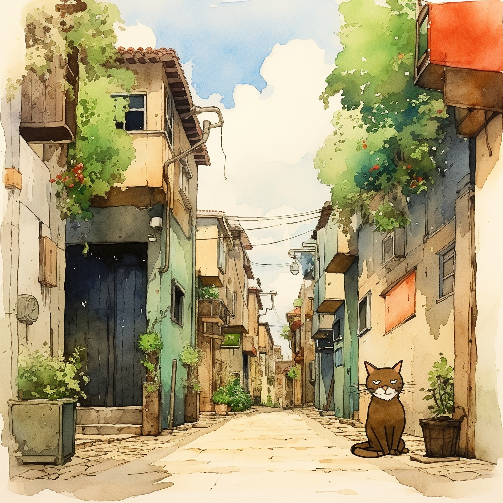 Cat walking in Studio Ghibli watercolors