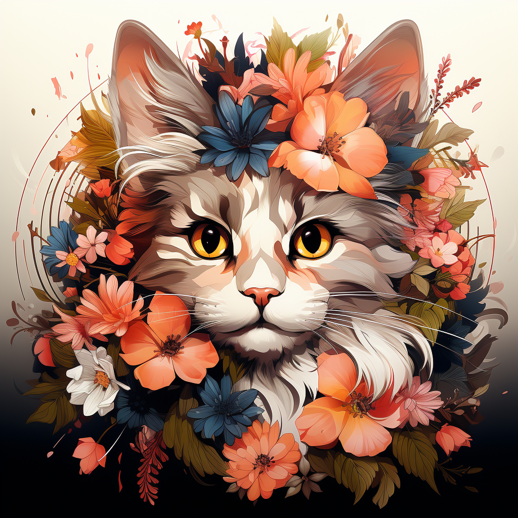 Cartoon illustration of cat with flower crown