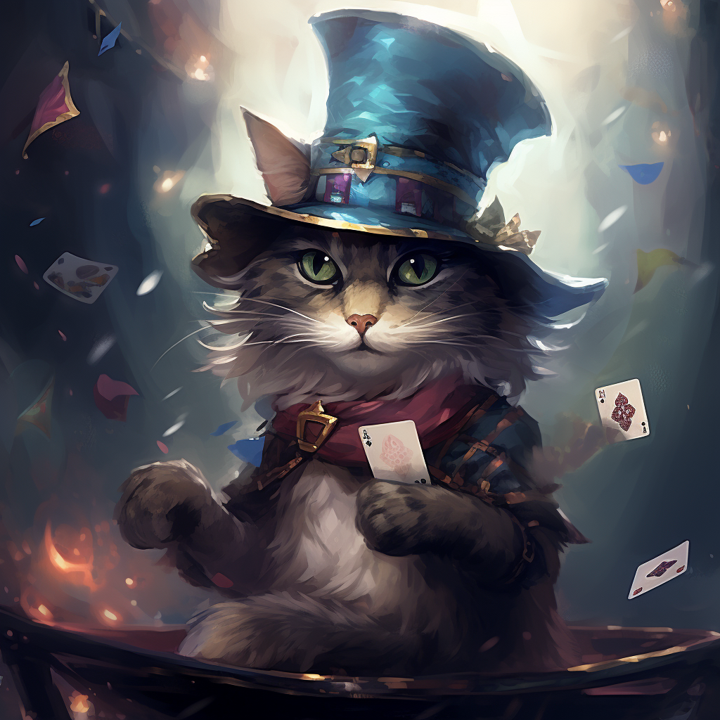 Magical cat wearing wizard hat throwing cards