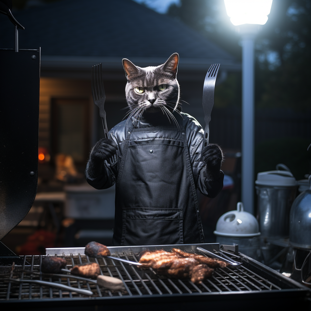 Cat grilling with tongs