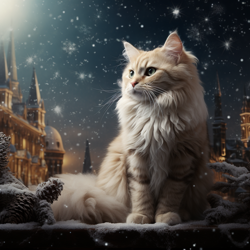 Cat with snowy background on Christmas card