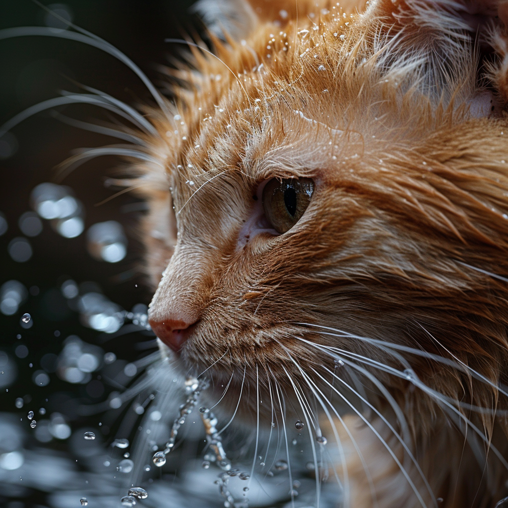 Cat drinking water with catnip spray