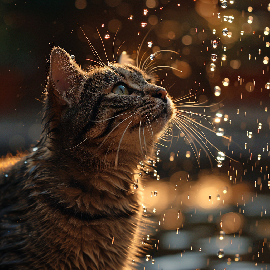 Domestic cat drinking water spray