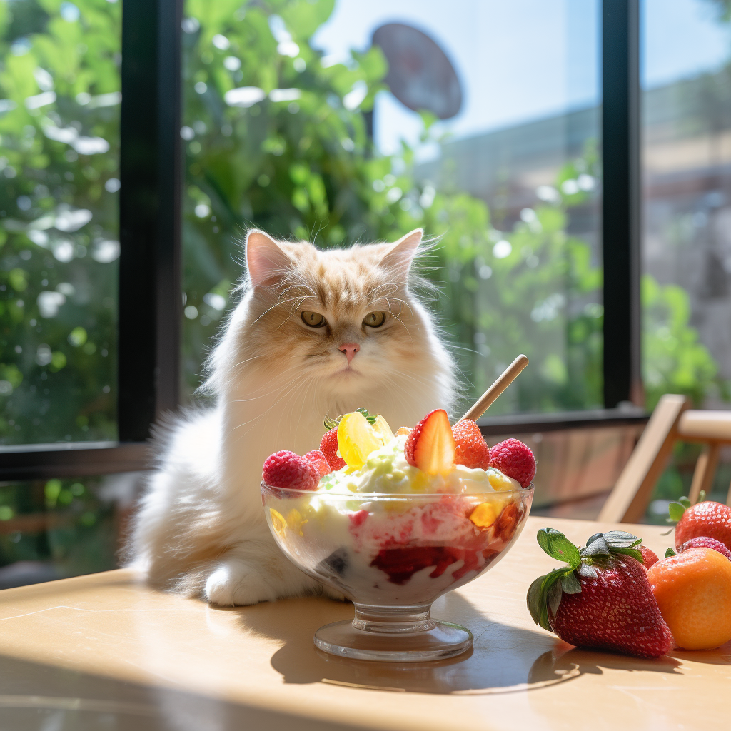 Cat enjoying fruit patbingsu on glass table on patio