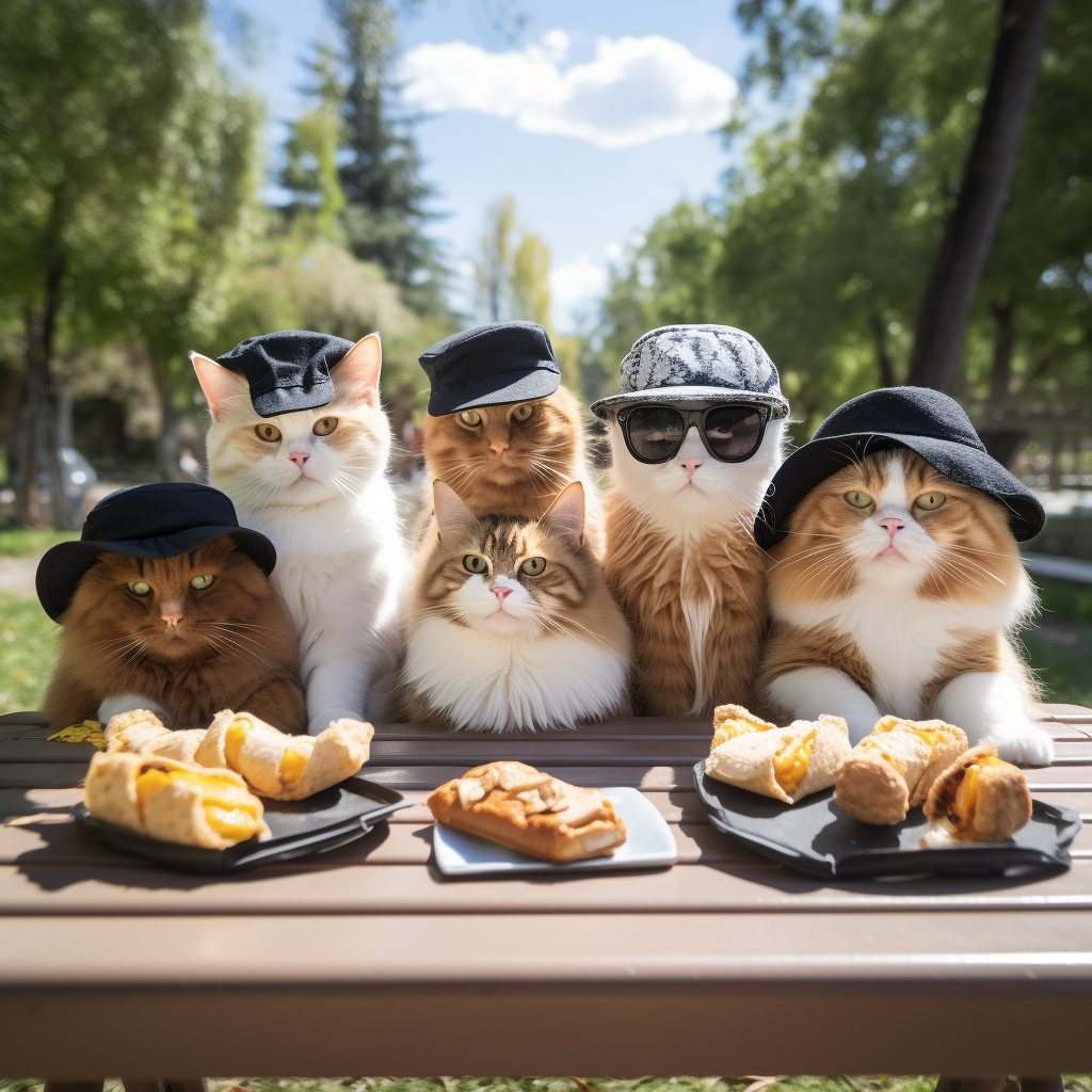 Group of Cats Enjoying Picnic Table Food