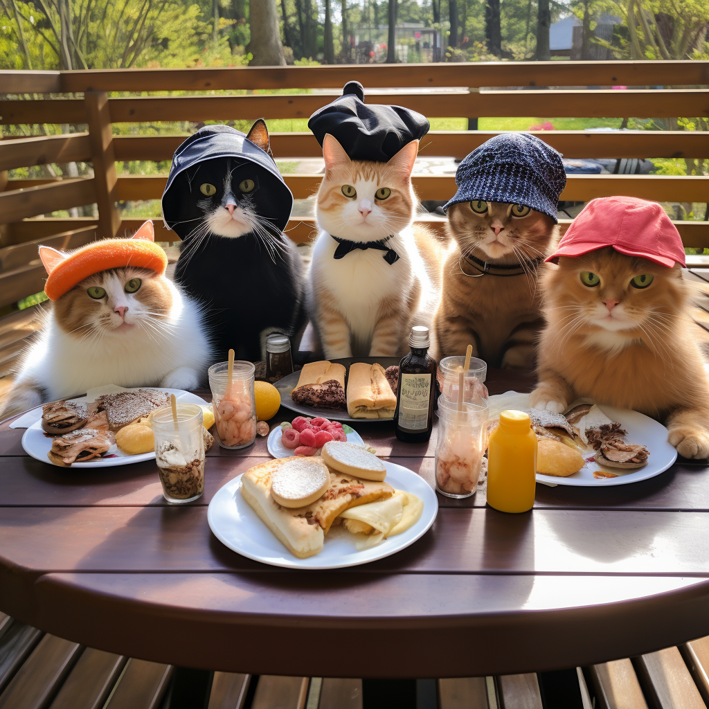 Group of Cat Friends Enjoying a Picnic