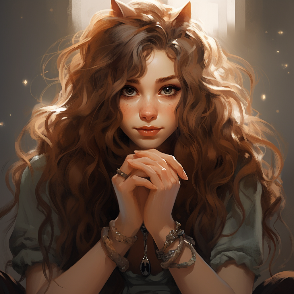 Cat girl with long curly brown hair