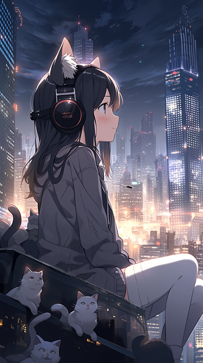 Cat girl with headphones on platform