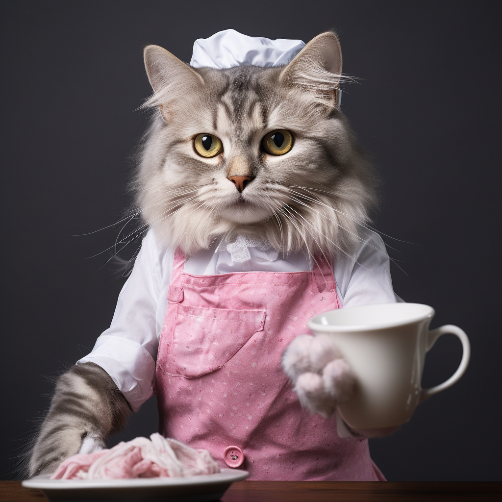 Cute cat in human clothes working as a maid