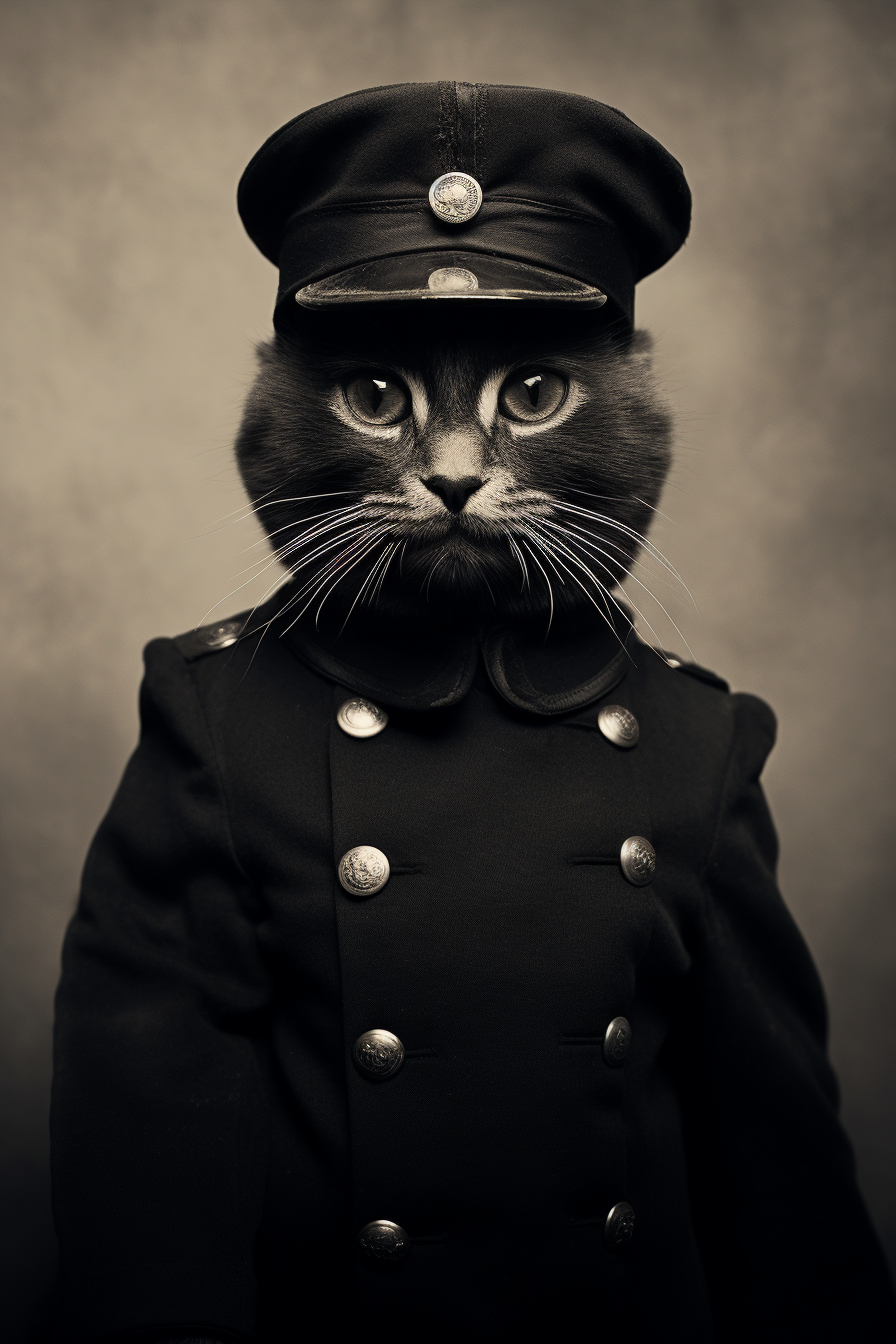 Old photograph of a cat in military uniform