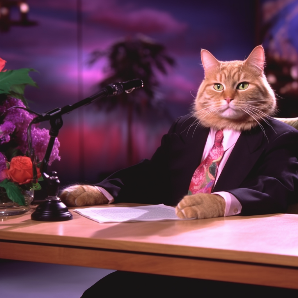 Cat being interviewed on a late night talk show