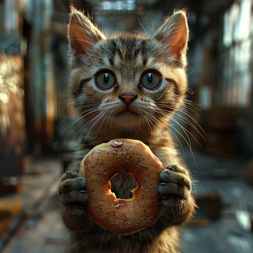 Cat holding sign and donut