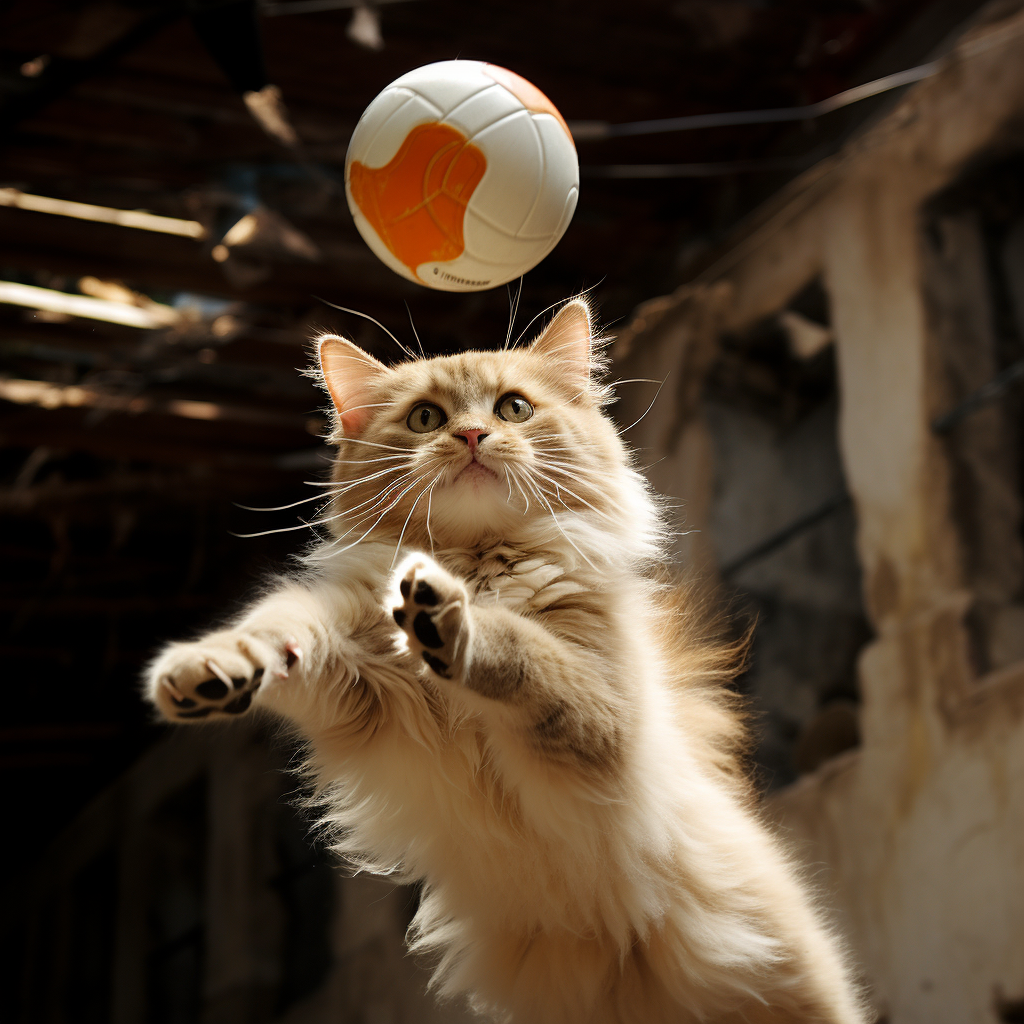 Happy cat playing volleyball outdoors