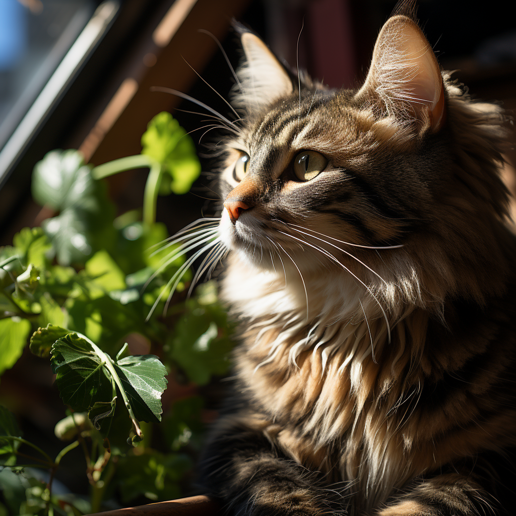 Cat sitting on table in sunlight