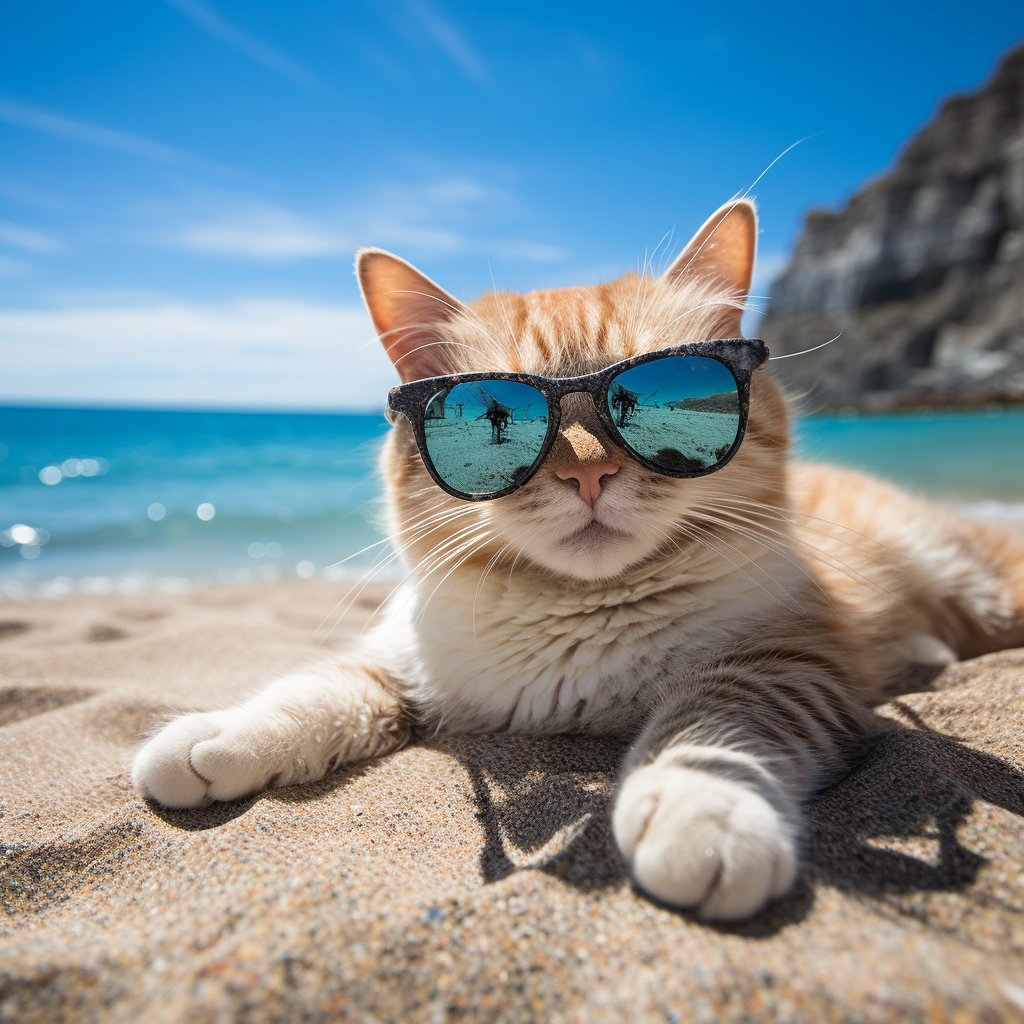 Cute cat wearing sunglasses on the sandy beach