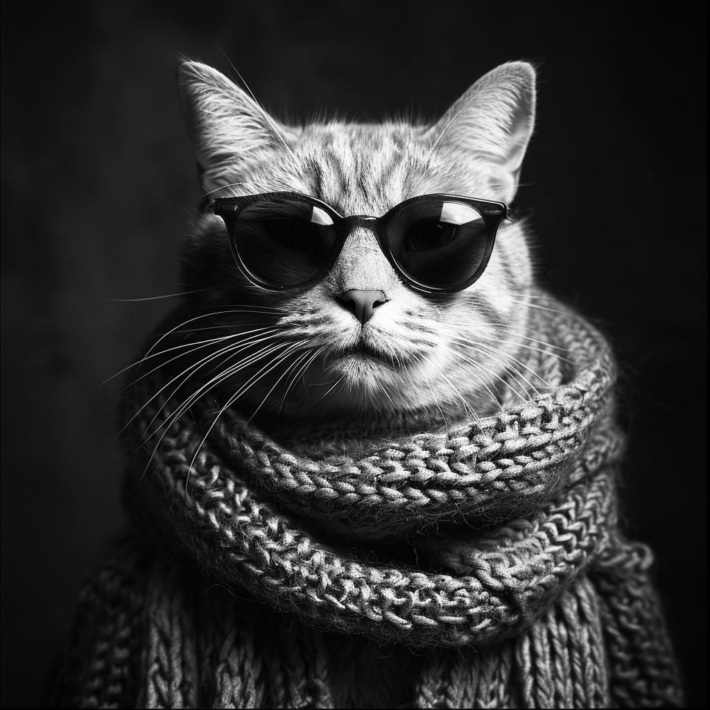 Black and white portrait of a cat wearing sunglasses