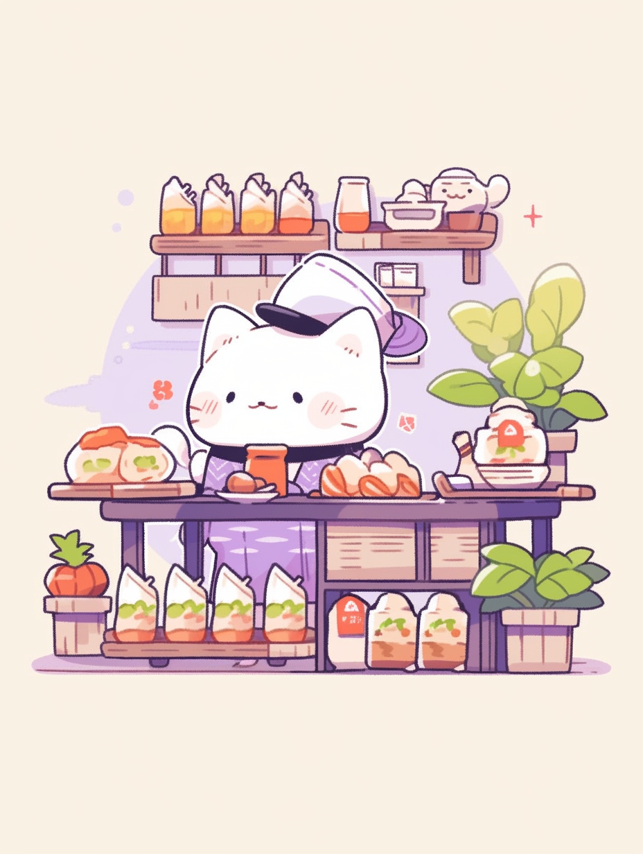 Doodle-style cat sushi chef working at a restaurant