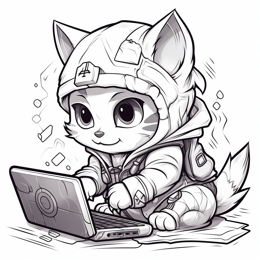 Cartoon cat working on computer