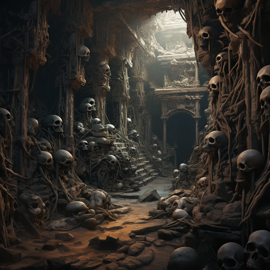 Digital painting of catacomb walls with bones and skulls