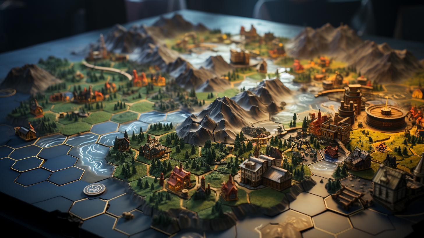 Catan-like hexes with cities, mountains, and forests