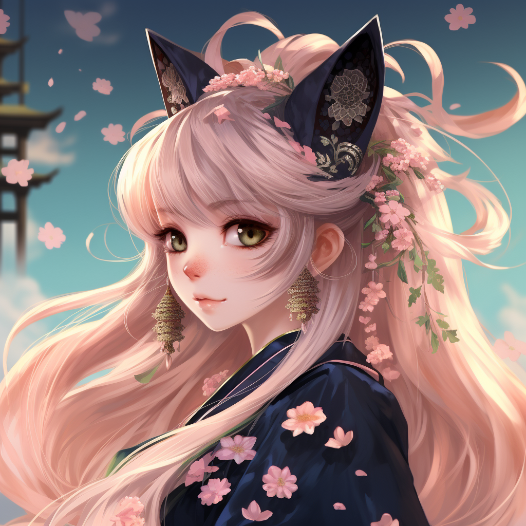 Cute catgirl with fluffy black and pink ears and flowing hair