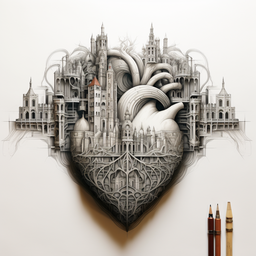 Pencil sketch of a detailed cathedral heart