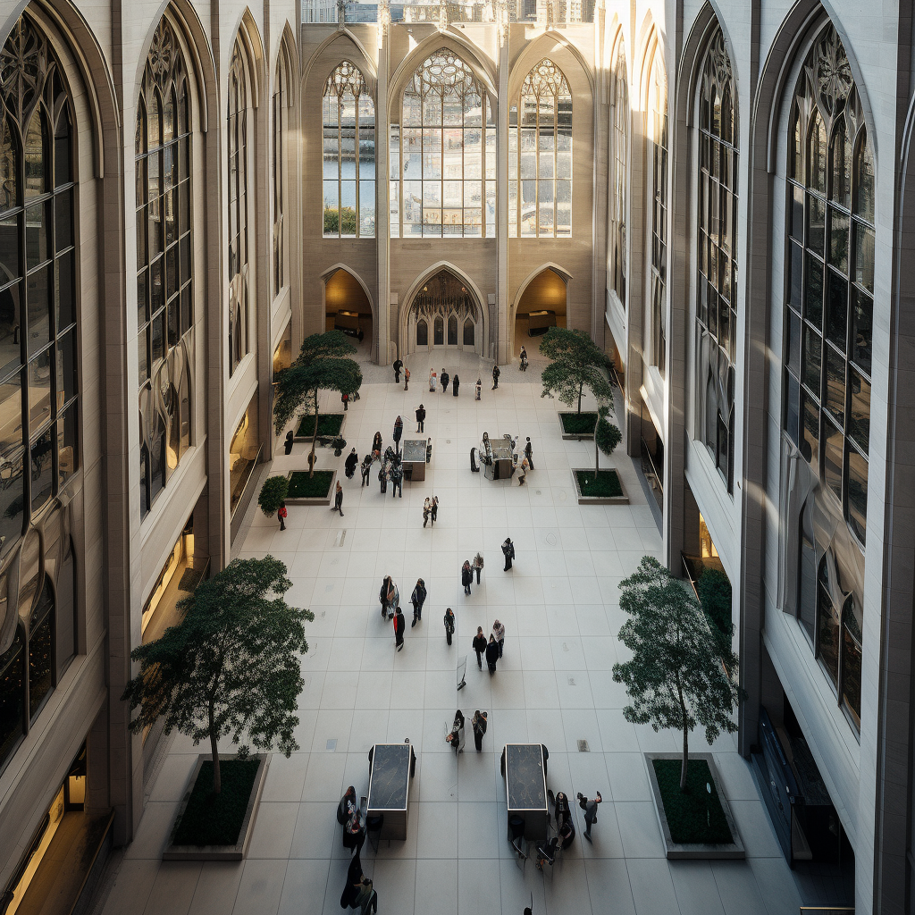 Exterior view of Cathedral Arcade by Mies Van Der Rohe