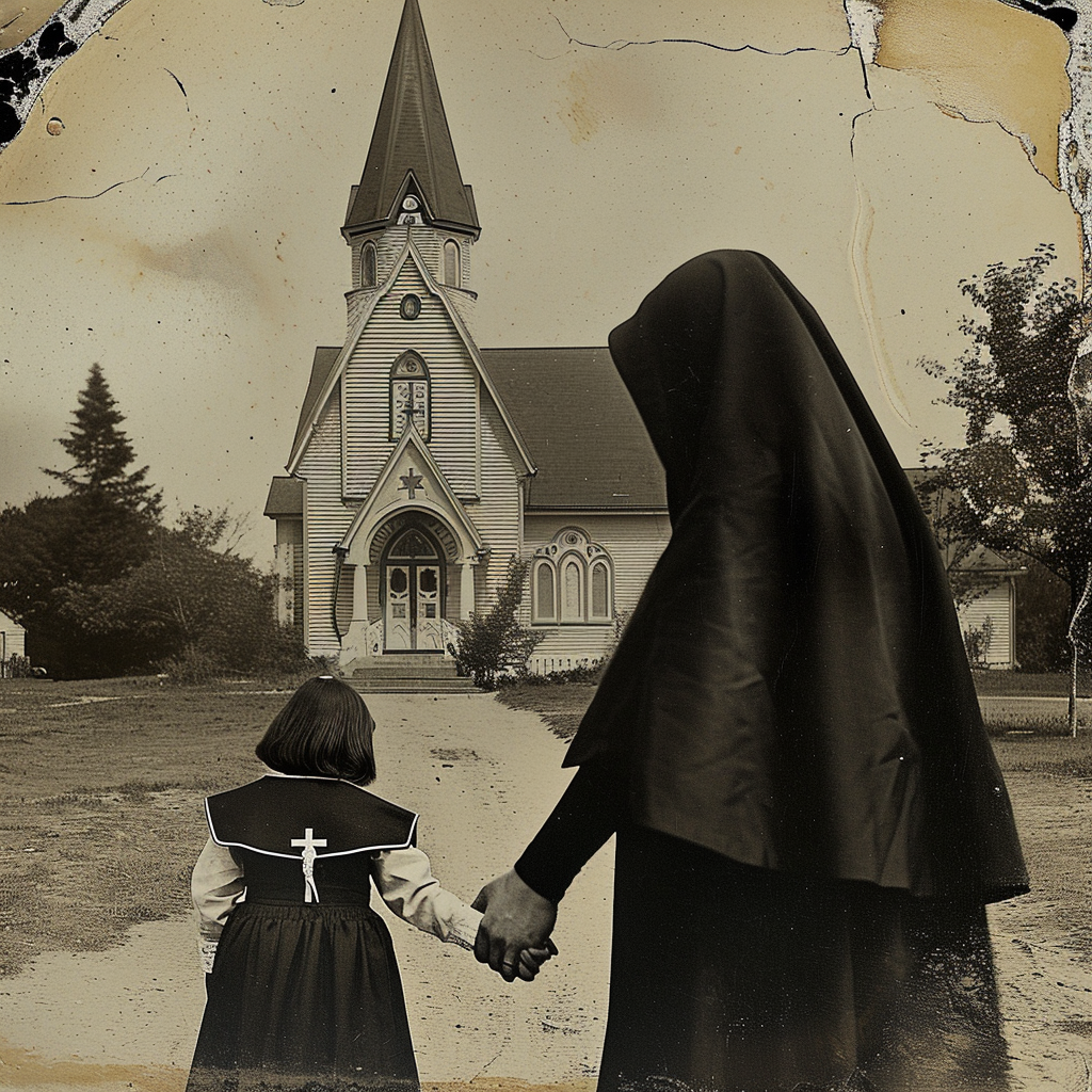 Catholic child holding nun's hand in front of church