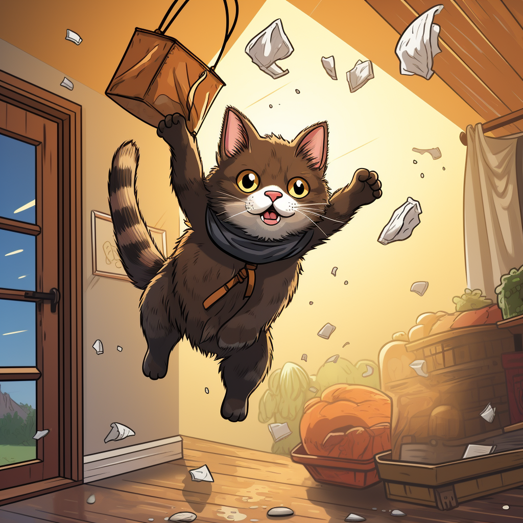 Catperson thief with bag of treasure jumping from window