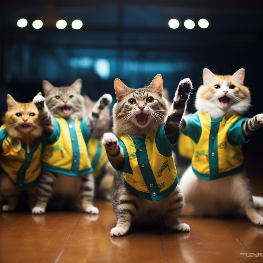 Cats in Brazilian soccer jerseys samba dancing