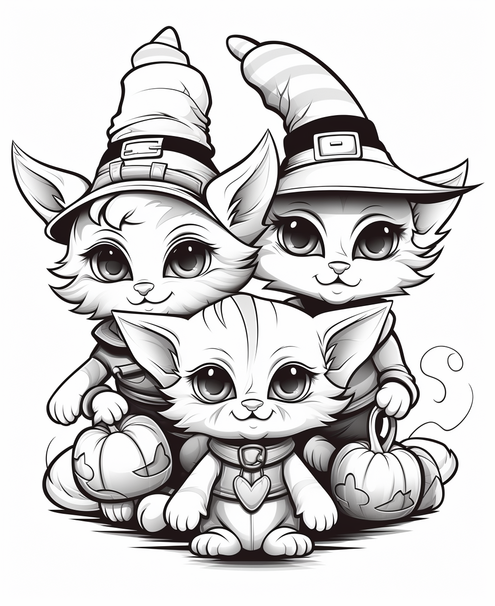 Coloring page with cats in costumes