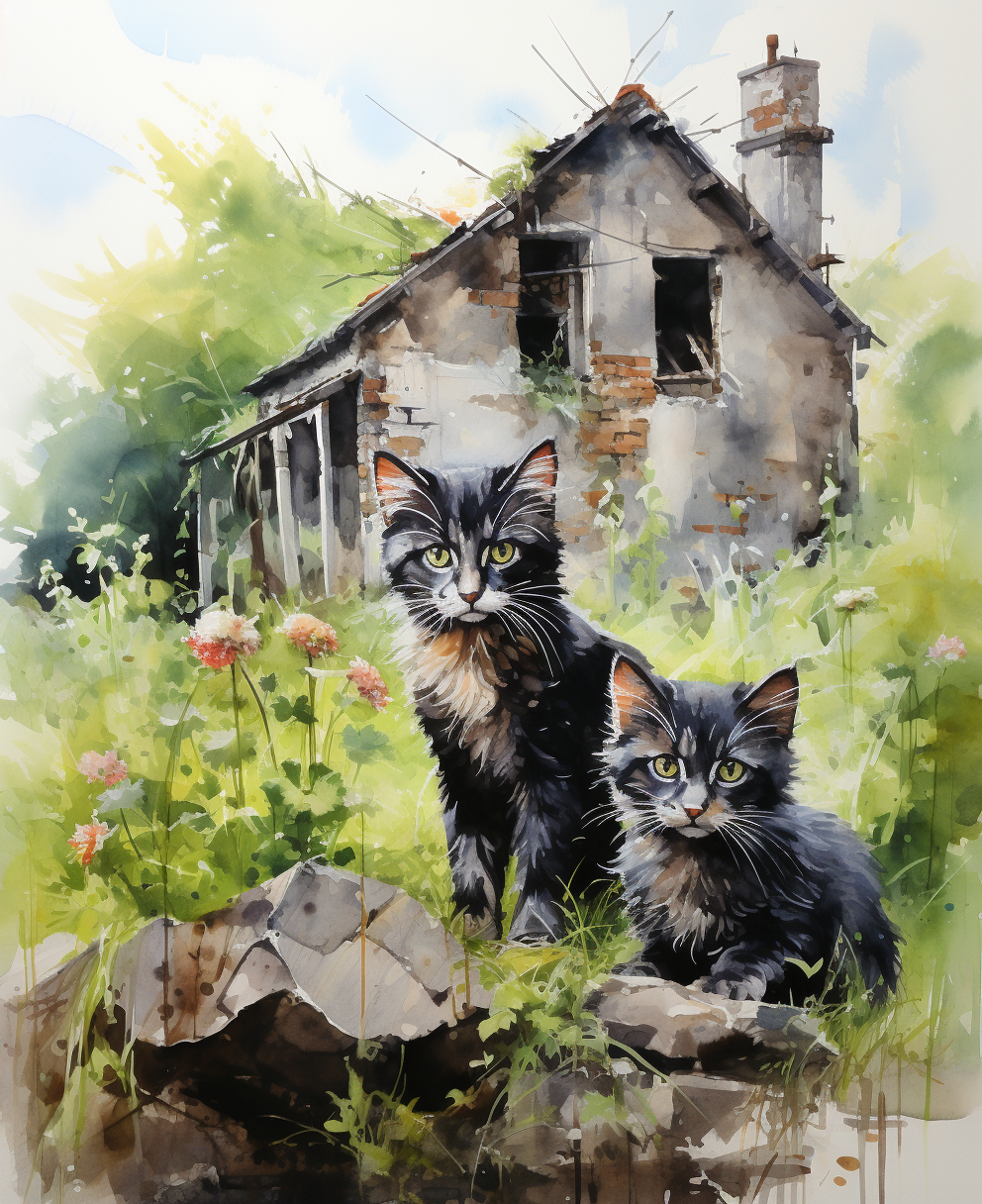 Watercolor painting of cats in Irish countryside