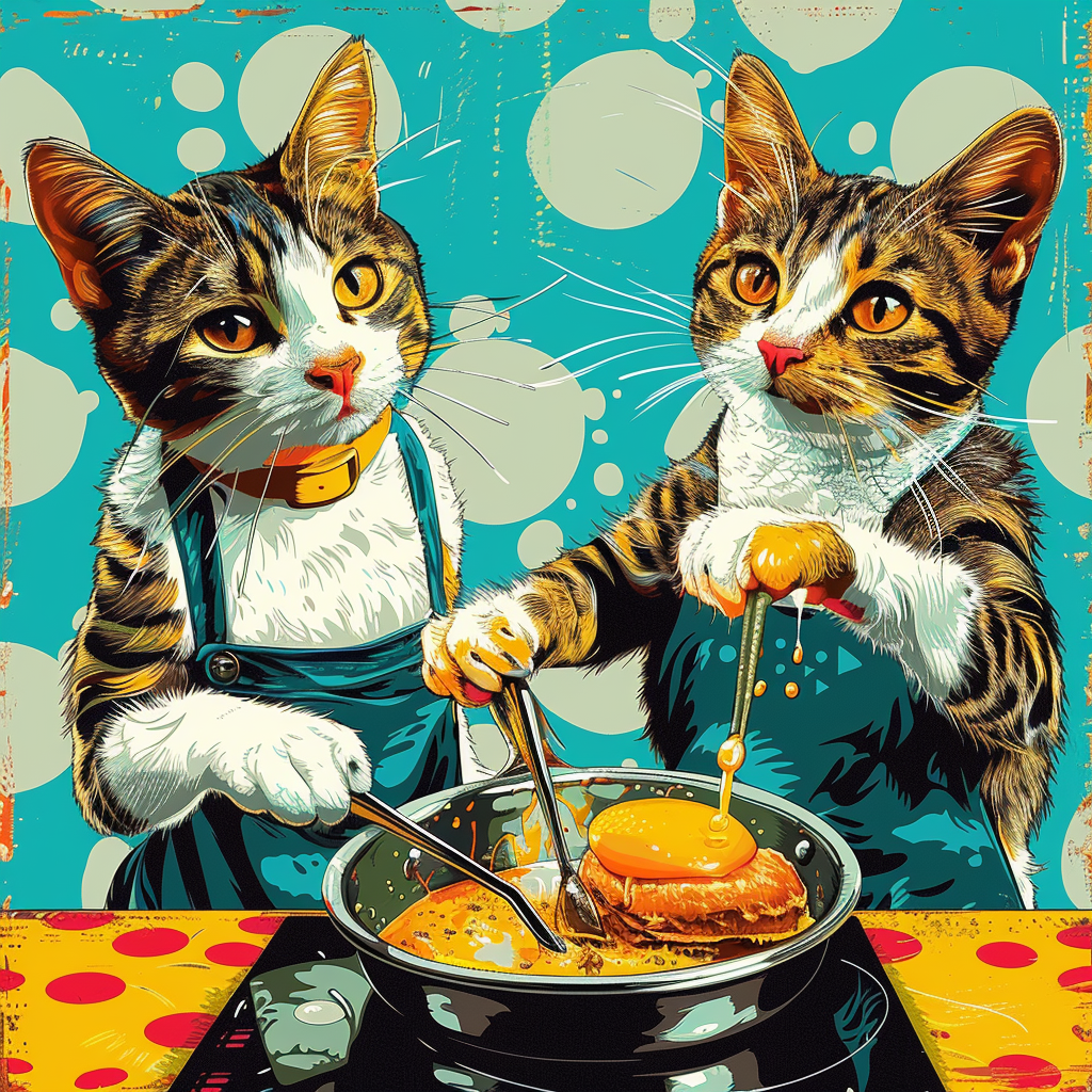 Cats cooking breakfast in kitchen