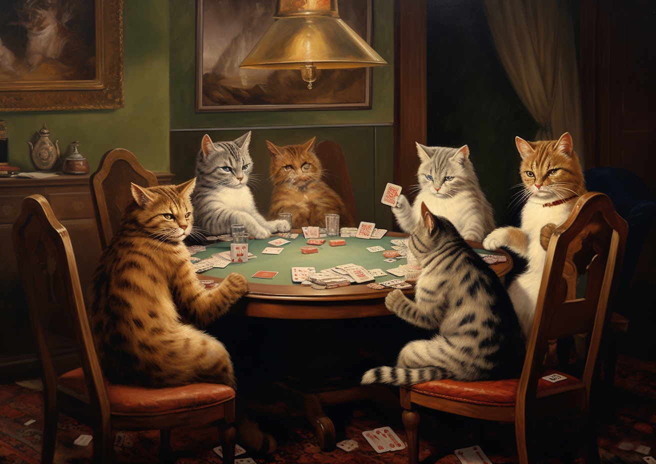 Playful cats holding poker cards