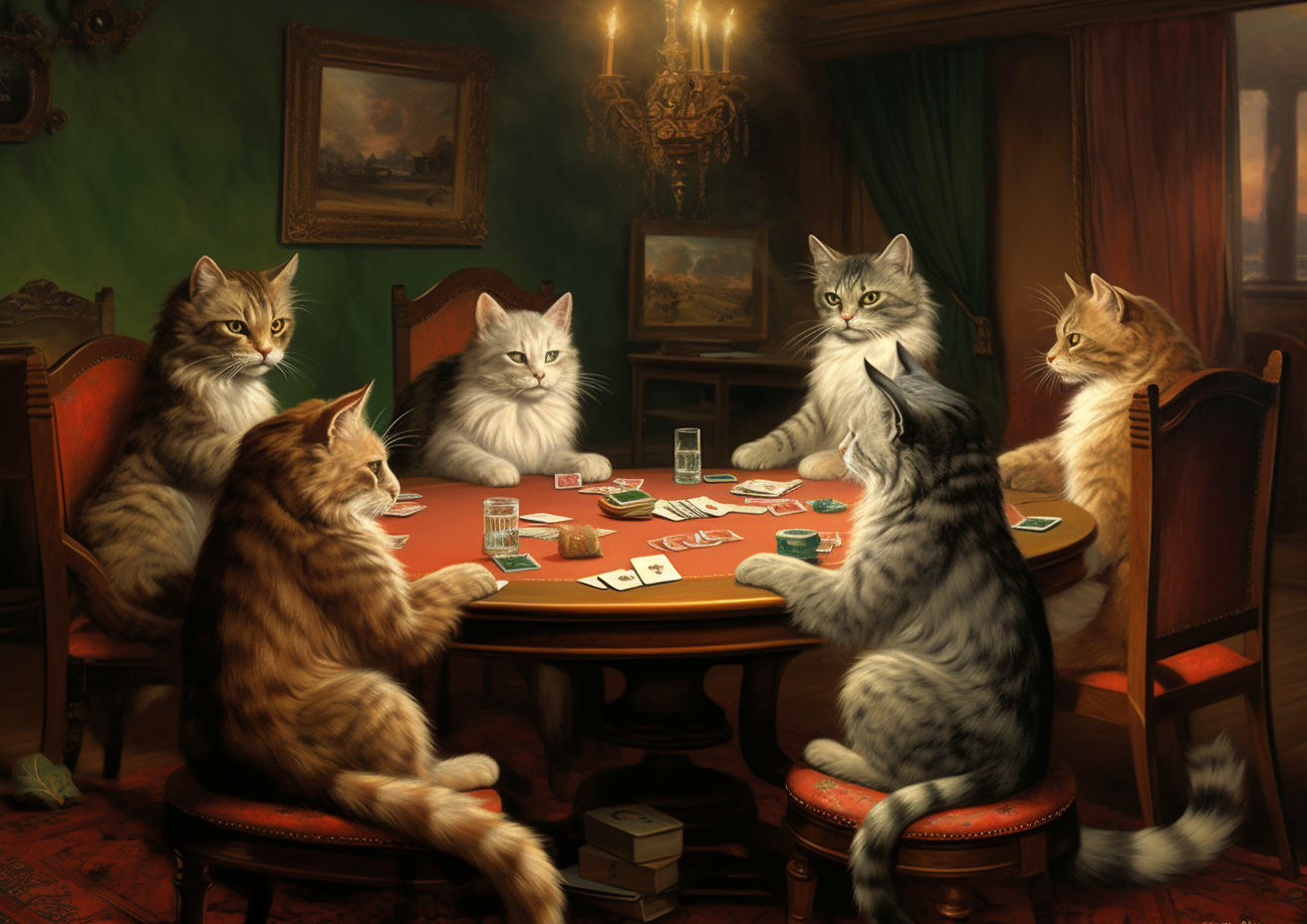 Cats playing poker in living room