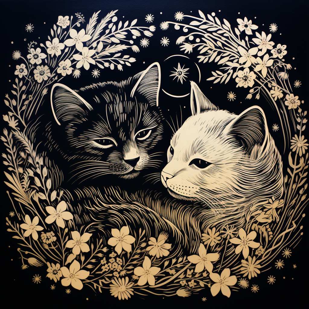 Ethereal black and white linocut print of cats sleeping inside flowers