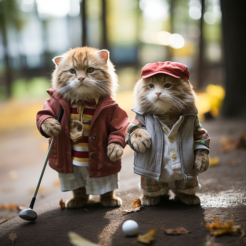 Two cats golfing on a green