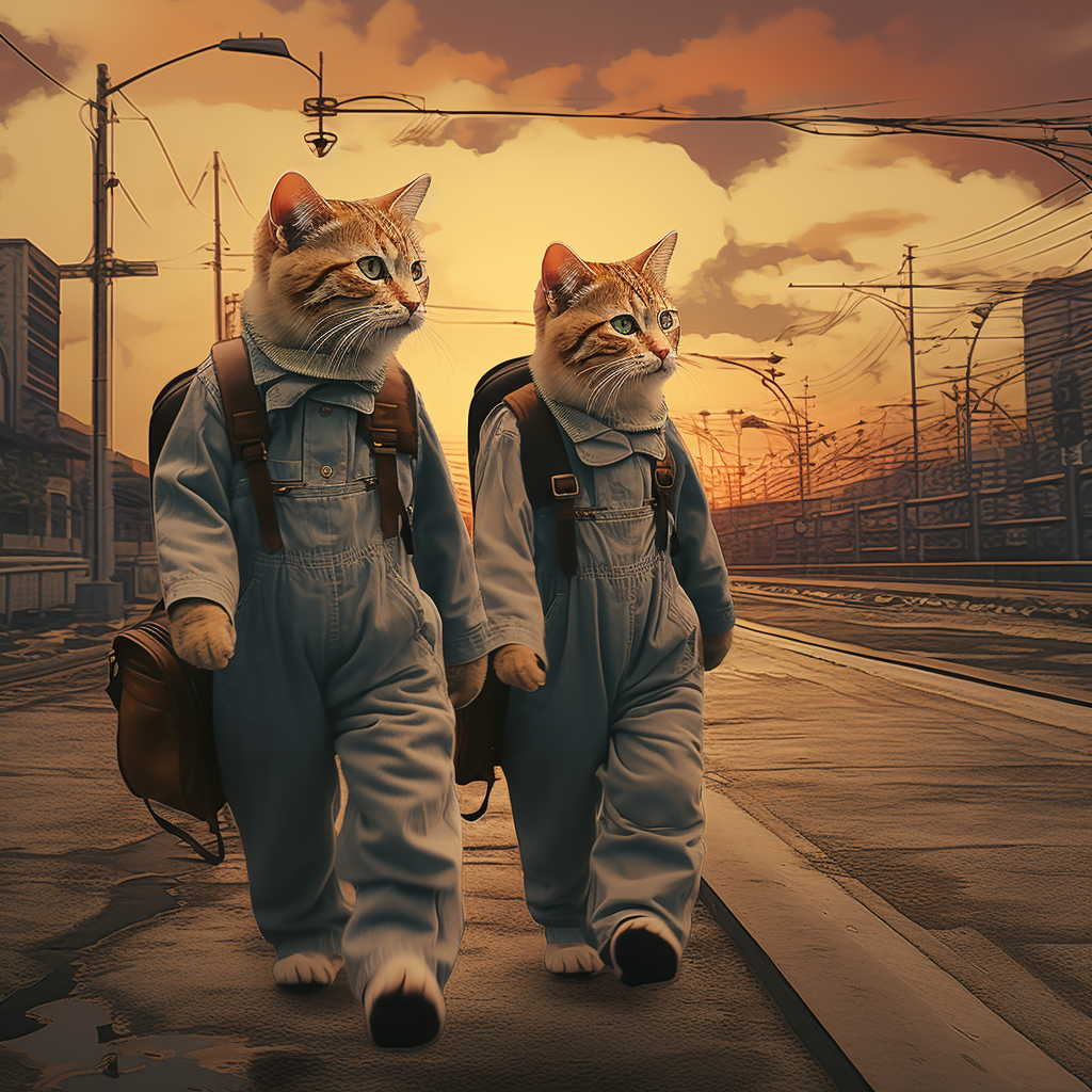 Two cats wearing overalls walking to the bus station