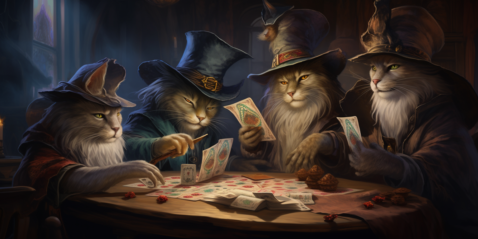 Cats wearing wizard hats playing cards under bed frame