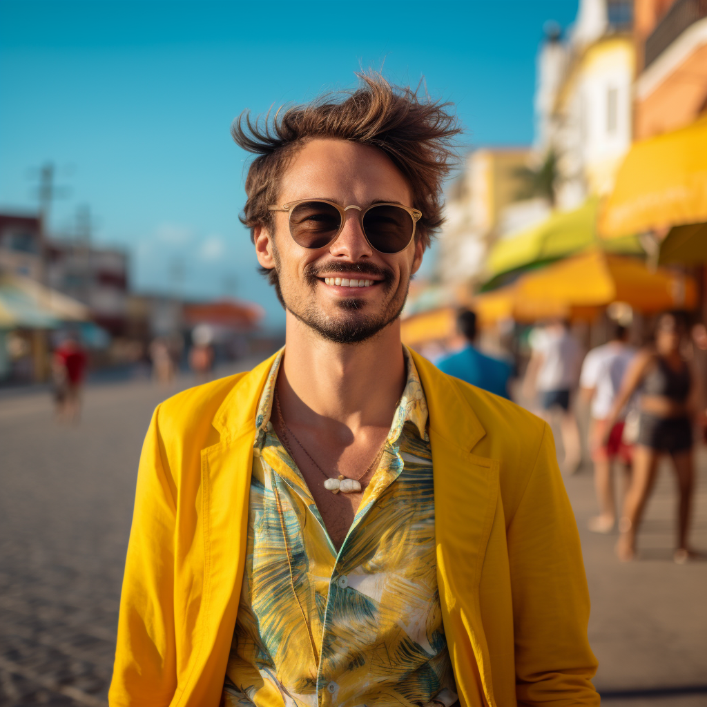 Caucasian Brazilian man enjoying vacation with vibrant yellow accents