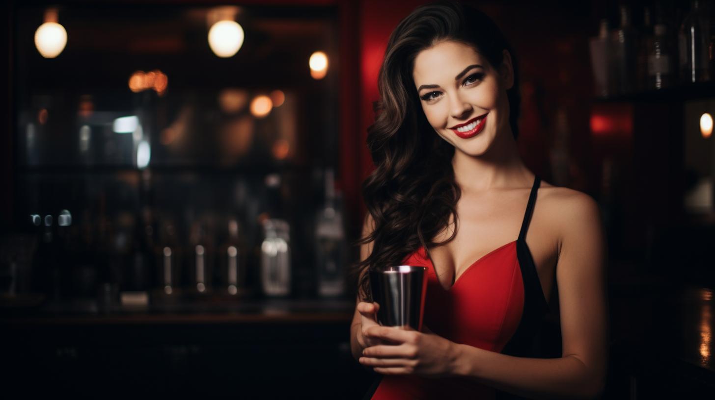 Caucasian brunette bartender shaking chrome cocktail shaker